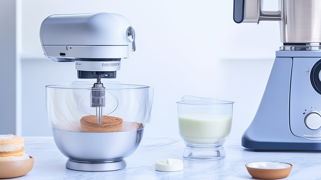 800W robotmixer működés közben könnyű sütemény tésztát keverve rozsdamentes acél tálban